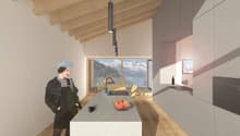 modern kitchen with island, wooden beams, sink, faucet, large window with view of mountains