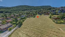 Wide field marked with a red star, surrounded by alpine houses and green trees, distant mountain range