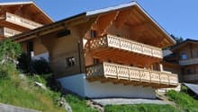 2-story wooden chalet-style house with decorative balconies, located on a hillside with a grassy slope and surrounded by trees
