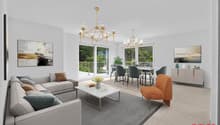 Open living and dining room, large windows, balcony, chandelier, large gray sofa, white marble coffee table, orange chair, round dining table with chairs