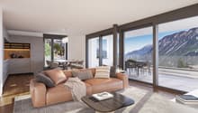 Modern living room, large windows, leather sofa, coffee table, dining table and chairs on balcony, kitchen, carpet