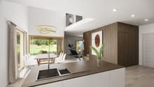 Kitchen, dining area, living area with balcony, bedroom, bathroom