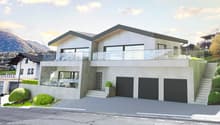 modern 2-story house, concrete exterior, large windows, balcony, staircases, three garages