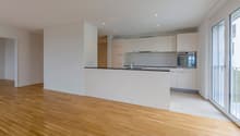 modern kitchen, white cabinets, wooden floor, large windows, balcony