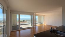 Open kitchen, large windows, balcony, wooden floor, modern design, sink, faucet