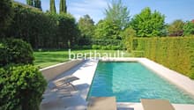 Small backyard, outdoor swimming pool, garden, trees, greenery, lawn, loungers