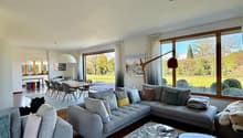 large L-shaped sofa, glass tables, carpet, large windows, glass sliding door, garden view