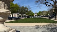A large grassy area with trees and a paved walkway, surrounded by parked cars and buildings.