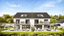 2 story house, black roof, white walls, balconies, garden, patio, cars parked