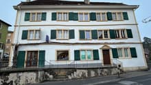 3-story house, white painted, green shutters, large windows, steps at entrance, brown door, metal railings