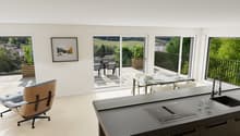 modern kitchen with dining area, large windows, balcony, modern furniture, plants