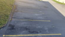 Asphalt parking lot with yellow lines and labeled parking spaces