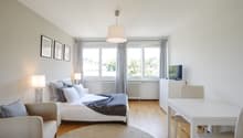 Bedroom with bed, pillows, blanket, lamps, TV, radiator, window, rug, chair, table, chairs
