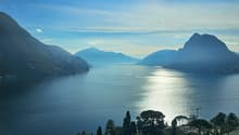 Lake Como, mountains, blue sky, clear water, boats
