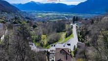 Mountains, valley, road, houses, trees, cars parked