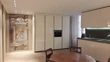 white cabinets, wooden table, chairs, integrated oven, large artwork, modern lighting