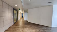 long hallway, white walls, wooden floors, glass doors, lighting fixtures