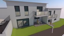 two-story house, white exterior, three balconies, patio with tables and chairs, car parked in driveway