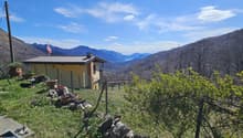 small house, yellow exterior, metal roof, flag on roof, surrounded by greenery, mountains in the background