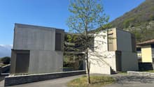 Modern concrete building, two-story, with a driveway, and a tree in the center