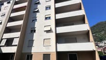 multi-story building, white exterior, balconies, windows with shutters, green lawn in front