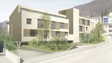 modern building, beige, 4 floors, raised ground floor, lots of windows, garden area, street view