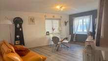 orange couch, dining table with white chairs, wooden floor, white walls, ceiling lamp, potted plant, window with curtains