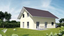 single-family house, brown roof, beige walls, large windows, patio with table and chairs