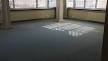 An empty room with carpeted floor, large windows, and two columns in the center.