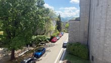 Cars parked on the side of the street, trees, bushes, and a building
