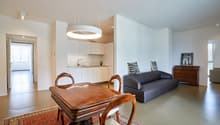 Open-concept living space with a dining area, kitchen, and living room. The dining table is made of wood with ornate chairs. The kitchen has white cabinets and a modern appliance, likely a dishwasher. The living room has a gray sofa and a decorative wall