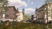 modern architectural design, brown facade, large windows, balconies, green trees, garden, mountains in the background