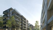 modern apartment complex, multiple buildings, several balconies, landscaped garden, seating areas, trees, people walking