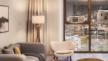 large windows, open floor layout, modern design, living room sofa, center table, floor lamp