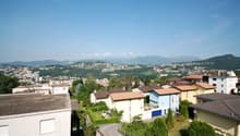 City view, multiple houses, mountain view, trees, greenery
