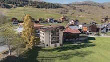 village with several chalets, set in a green meadow with mountains in the background