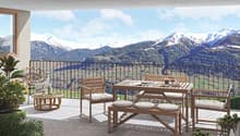 wooden table, bench, chairs, railing, plants, mountains view