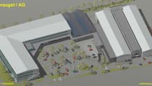 Corporate building, large parking area, solar panels, multiple entrances
