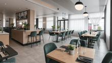 modern interior design, wooden tables and chairs, white curtains, plants, glass bottle, light fixtures, counter with bar stools