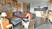 living room with sofa, coffee table, bookshelves, dining table, chairs, lamps, kitchen, cabinets, microwave