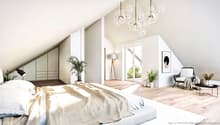 wooden floor, white ceiling, double bed, lamps, chairs, plants, picture frame, windows