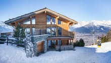 wooden, two stories, balcony, glass windows, elevated entrance, mountains in background