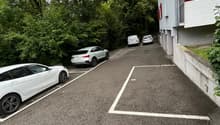 Parking area with three cars parked, asphalt ground, street trees on the side, building on the right.