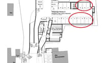 Parking area, visitor parking spaces, elevators, entrance areas, technical rooms, main entrance, side entrance, accessible parking, barrier-free access, wheelchair access, lift access, and ramp access