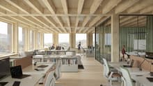 open space office, white desks, chairs, bookshelves, wide windows