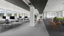 modern office with white desks, office chairs, large windows, carpet flooring, large potted plants, bench, counter with stools, white and black walls
