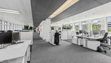 modern office with white desks, computers, glass windows, ceiling lights, white walls, potted plants