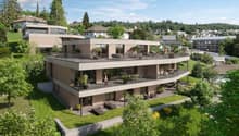 Modern multi-story house, large glass windows, multiple balconies, surrounded by greenery