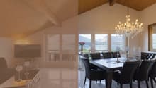 Wohnzimmer mit See- und Bergpanorama