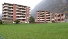 Three red buildings, large field in front, trees, fenced, mountains in the background